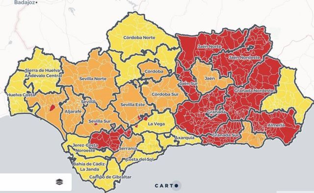 Mapa de Andaluca con niveles de alerta de Covid-19 por municipios vigentes desde el jueves 29 de abril de 2021