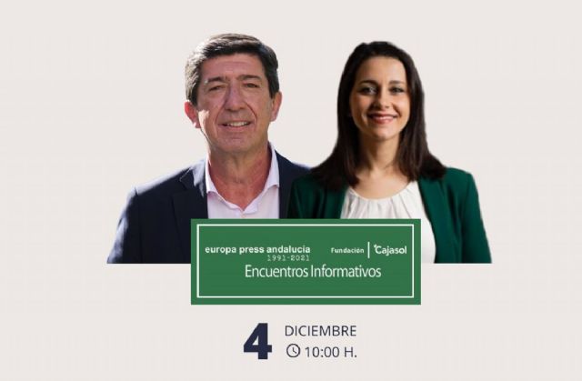 Cartel anunciador del encuentro informativo de Europa Press Andaluca con el vicepresidente de la Junta, Juan Marn, y la presidenta de Ciudadanos, Ins Arrimadas, el 4 de diciembre en Sevilla