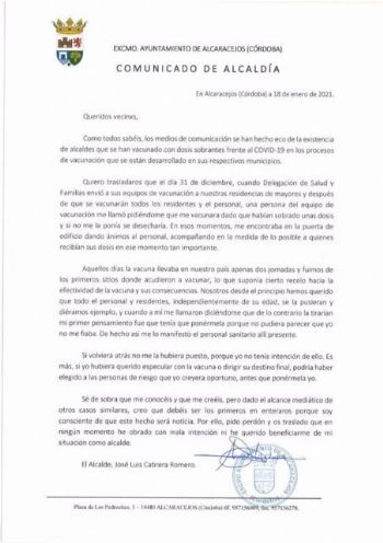 Carta del alcalde de Alcaracejos a sus vecinos pidiendo perdn por haberse vacunado contra el Covid.