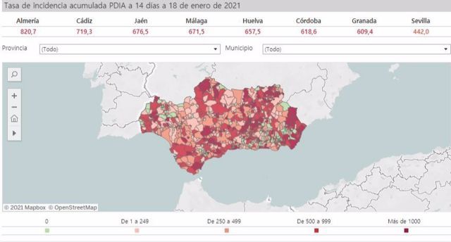Mapa de incidencia del Covid-19 en Andaluca por municipios a 18 de enero de 2021