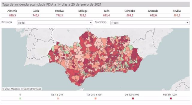 Mapa de incidencia del Covid-19 en Andaluca por municipios a 20 de enero de 2021