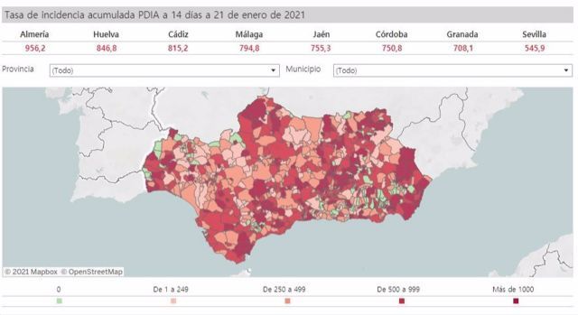 Mapa de <strong>Andaluca</strong> con la incidencia del Covid.19 por municipios a 21 de enero de 2021