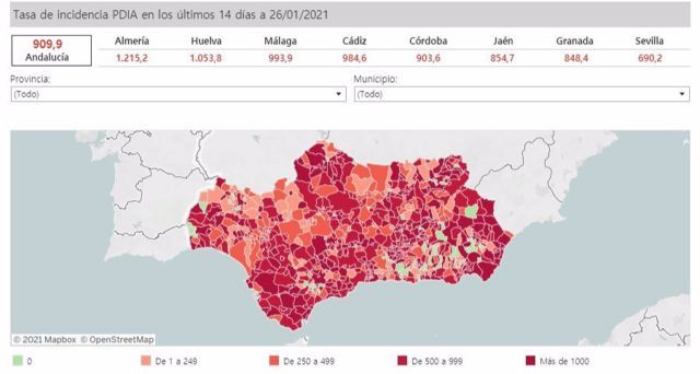 Mapa de incidencia del Covid-19 en Andaluca por municipios a 26 de enero de 2021