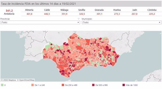 Mapa de Andaluca con incidencia del Covid-19 por municipios a 19 de febrero de 2021