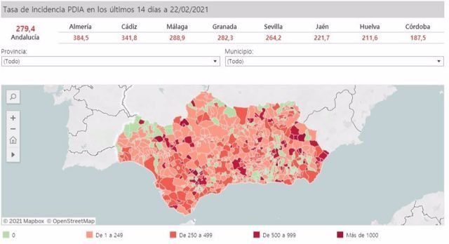 Mapa de Andaluca con nivel de incidencia Covid por municipios a 22 de febrero de 2021