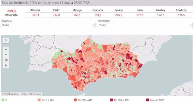 Mapa de incidencia del Covid-19 en Andaluca por municipios a 23 de febrero de 2021