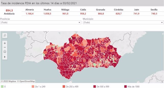 Mapa de incidencia del Covid-19 en Andaluca por municipios a 3 de febrero de 2021