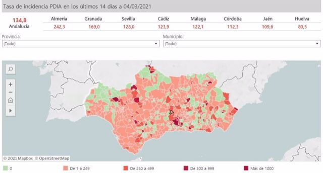 Mapa de Andaluca con nivel de incidencia de Covid-19 por municipios a 4 de marzo de 2021