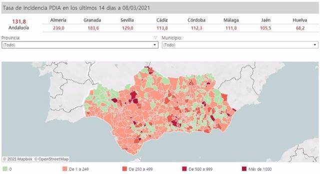 Mapa de Andaluca con niveles de incidencia del Covid-19 por municipios a 8 de marzo de 2021