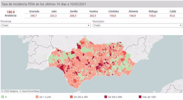 Mapa de Andaluca con nivel de incidencia de Covid-19 por municipios a 10 de mayo de 2021
