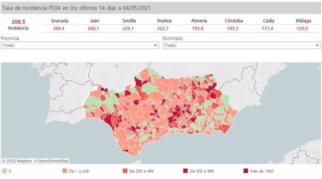 Mapa de Andaluca con nivel de incidencia de Covid-19 por municipios a 4 de mayo de 2021