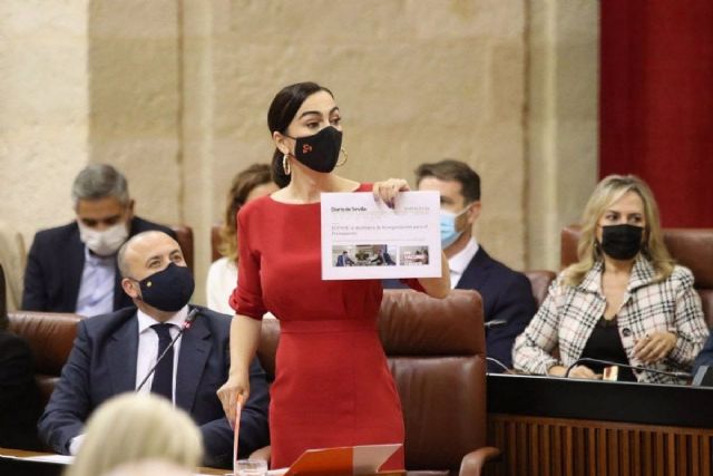 La portavoz de Cs en el Parlamento de Andaluca, Teresa Pardo, este jueves en su pregunta al presidente de la Junta, Juanma Moreno