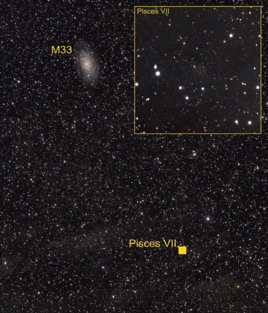 M33 y la nueva galaxia detectada, Piscis VII (en detalle en el recuadro)