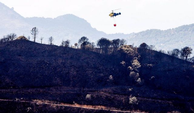 Helicptero contra incendio en la zonas quemadas por el incendio de Sierra Bermeja
