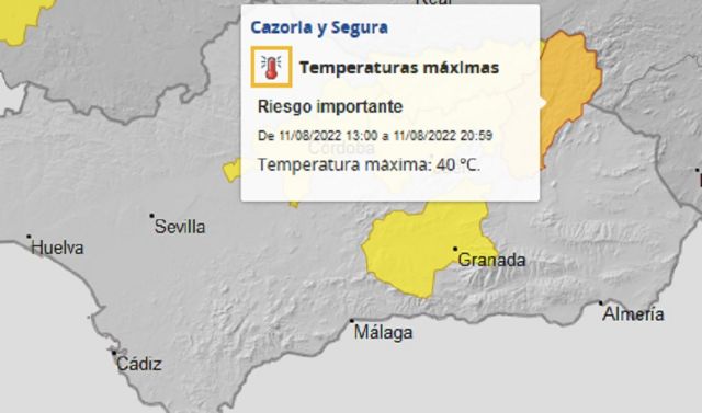 Mapa meteorolgico de AEMET con los avisos por calor previstos para maana jueves en Andaluca